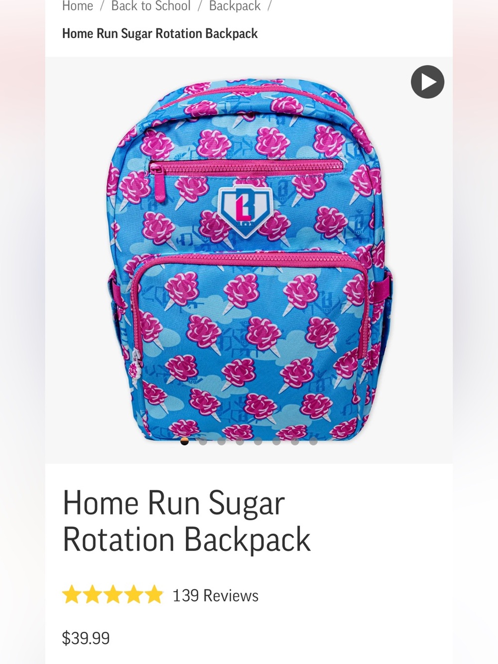 Home Run Sugar Rotation Backpack - Blue with Pink Cotton Candy